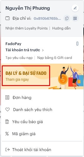 Trong mục tài khoản bạn chọn “Đại lý & Đại sứ Fado”